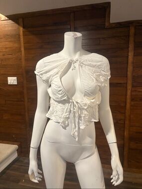 Garage Cream Tie-Detail Ruffle Crop Top